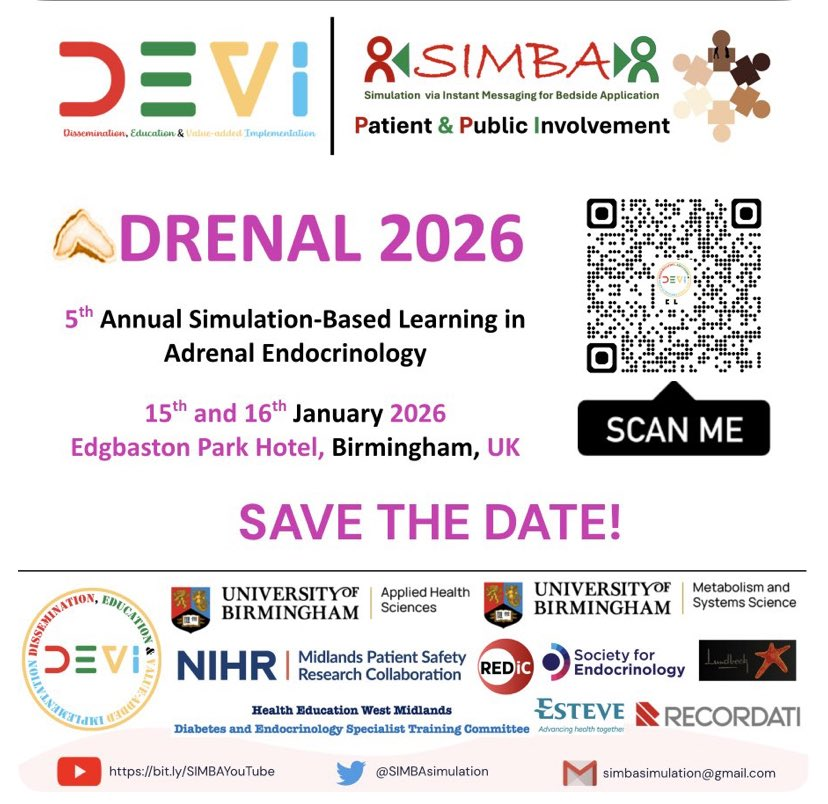 CryRonchi's tweet image. ‼️Don’t forget to register to @unibirmingham @Devicollab @Bham_AT #SIMBA #Adrenal 2026. A great #educational opportunity on #adrenaldiseases. Great national &amp;amp; international experts. Endorsed by @Societyforend &amp;amp; @ENSAT_news. Programme and registration: sites.google.com/view/simbasimu…
