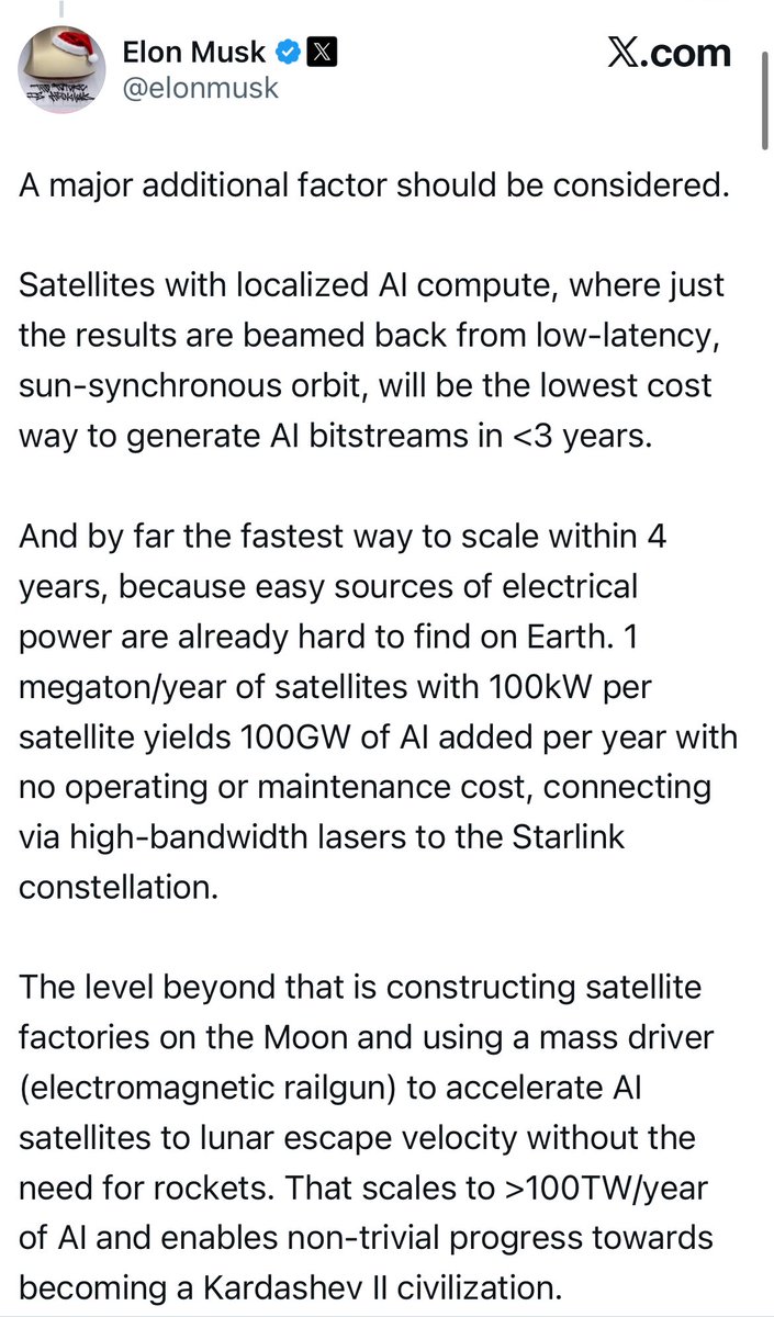 LuxAlgo's tweet image. Elon Musk said today, regarding SpaceX, the lowest cost AI compute will come from satellites in less than 3 years.