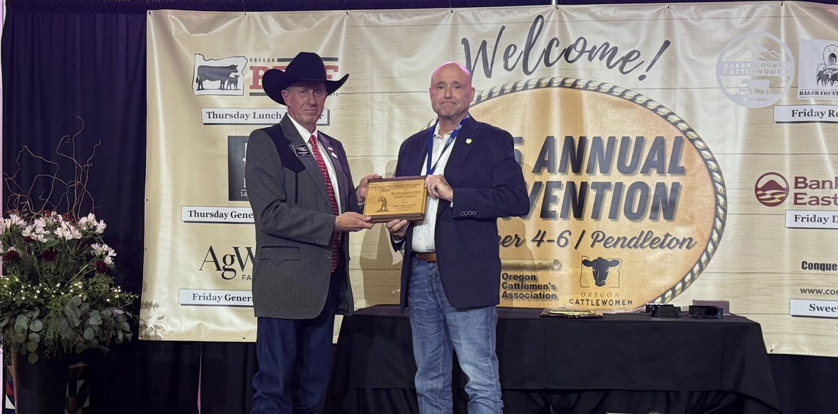 RepGregSmith's tweet image. An invitation to the Oregon Cattlemen’s Association Conference turned into a surprise….I am the recipient of their 2025 Wrangler Award.  President Matt McEligott presented the distinction, and I am beyond grateful.  This award took me back to when OCA President John Hayes…