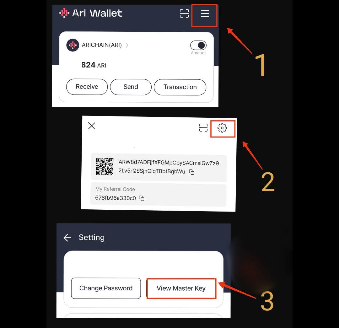 🚨 Important Update for Ari Wallet Users!

📌 Save Your Master Key NOW!

Follow steps shown in the image to securely back up your $ARI Wallet Master Key.
Your Master Key is the only way to restore your wallet if you accidentally log out or if system logs you out due to any error.