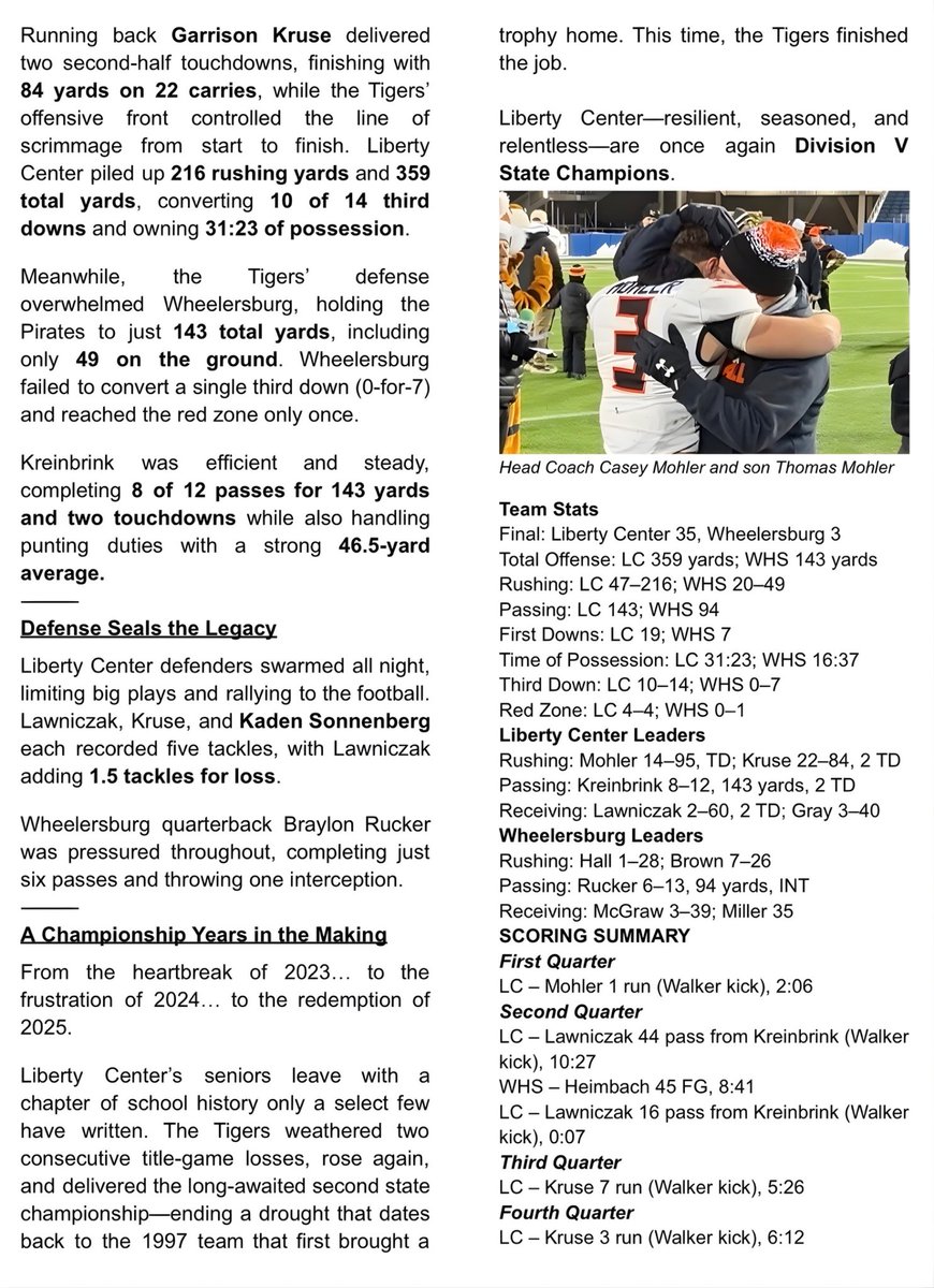 Liberty Center dominates to claim Division V state championship – a season of hard work, heart, and history in the making!

Post Game Article