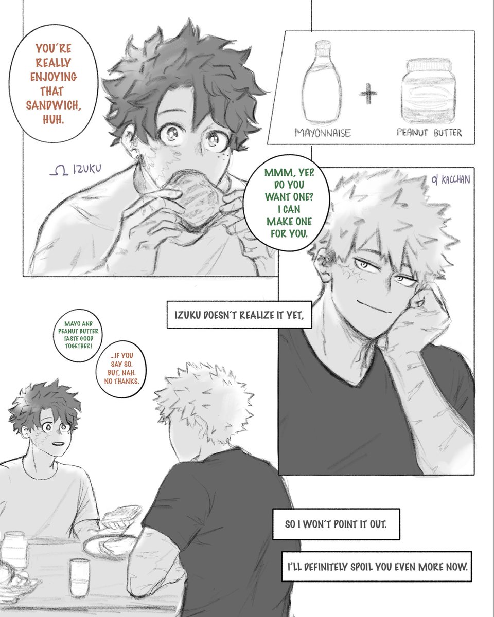 bkdk a/b/o 

kacchan sees the (not so subtle) signs and symptoms on his mate.

as always, he notices every single thing about the curly haired omega;

— but he’ll wait for izu to realize it himself.

+++
(💥 is the first to know 🥦 is expecting, just devoted alpha stuff lol)