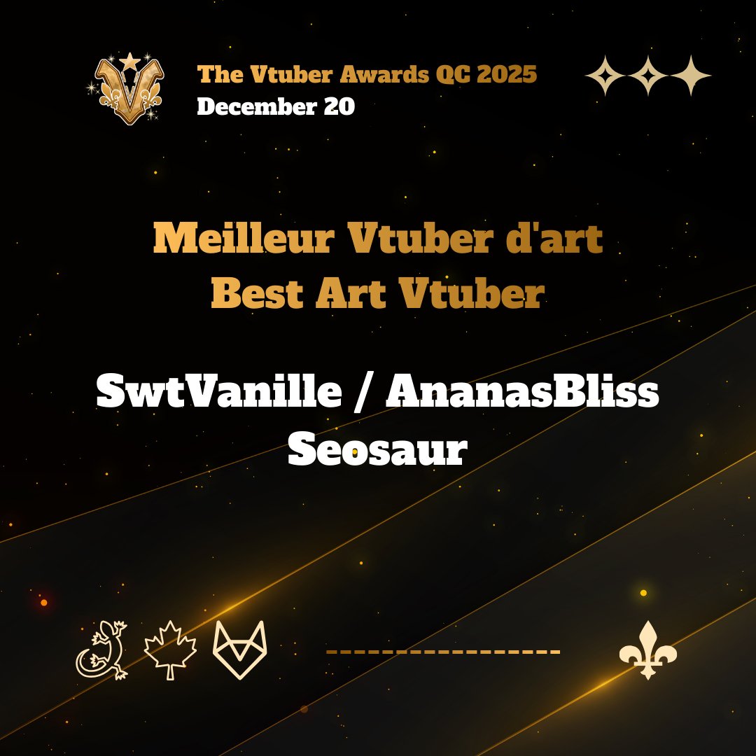 Mesdames et Messieurs! / Ladies and Gentlemen!  
Dans la catégorie Art Nous avons l'honneur d'annoncer les nominés suivants!  
In the Art category, we are honored to announce the following nominees!
<a href="/SwtVanille/">SwtVanille 🥐 🍁 VT</a> / <a href="/ananasbliss/">Ananasbliss🍍🌊 Artist & Vtuber gremlin</a> / <a href="/seosaur/">Seosaur 🦊🇨🇦</a>