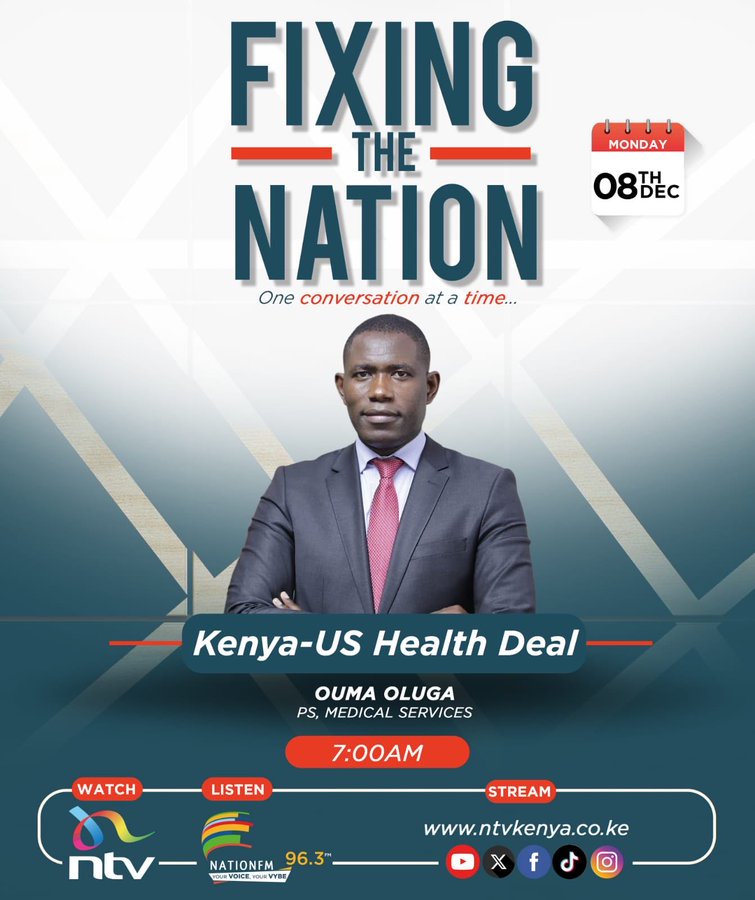 Kenyans with interest on USG - Kenya Health deal should tune <a href="/ntvkenya/">NTV Kenya</a>  7am, 2morow &amp; listen to <a href="/MOH_Kenya/">Ministry of Health</a> #PS <a href="/MOHMedServices/">State Department for Medical Services</a> <a href="/fnoluga/">Dr. Ouma Oluga, OGW</a> clarify issues even as we await release of 'Agreement' to <a href="/NAssemblyKE/">National Assembly KE</a> <a href="/Senate_KE/">Senate of Kenya</a>  &amp; stakeholders <a href="/NEPHAKKENYA/">NEPHAK</a> <a href="/USEmbassyKenya/">U.S. Embassy Nairobi</a> <a href="/KEMRI_Kenya/">Kenya Medical Research Institute</a>