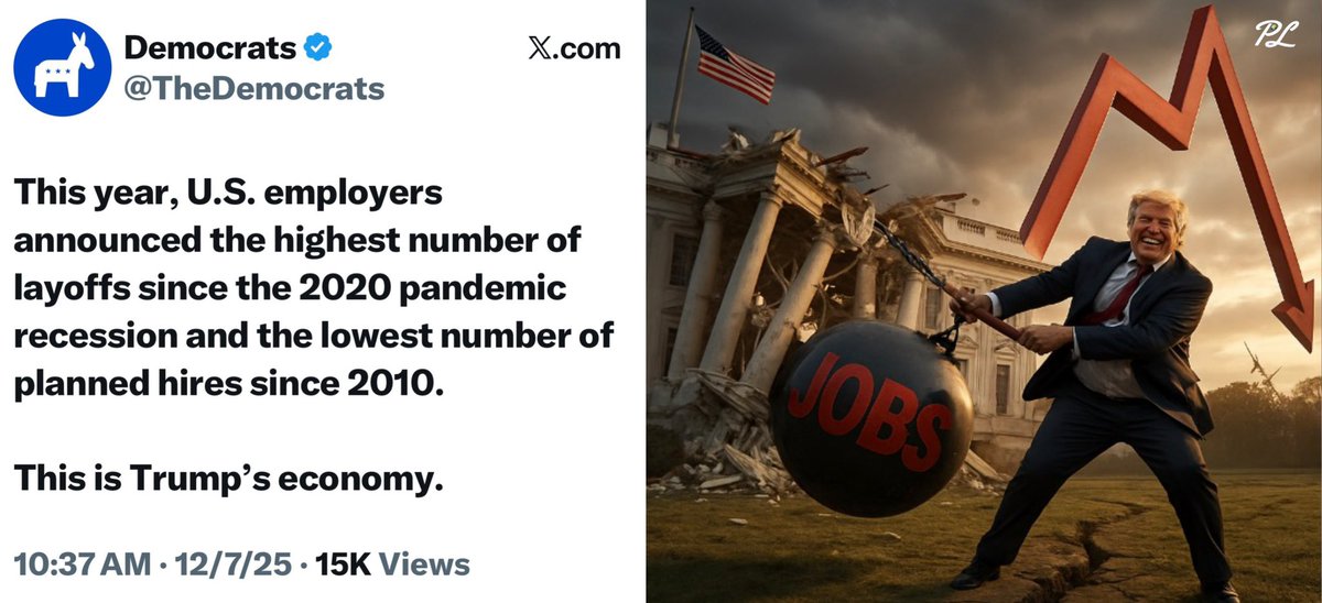 NEW: BREAKING! Trump’s economy: 2025 layoffs hit highest since COVID crash, hiring plans lowest since 2010.

They shower billionaires allies with tax cuts, you get a pink slip.

Republicans don’t care about your job—they care about their donors’ portfolios.

FLUSH THESE GOP TURDS