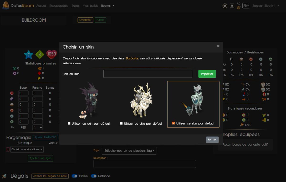 Good afternoon #DOFUS ! Grâce à un partenariat avec Barbofus (merci à eux 😍), il est désormais possible d'utiliser les skins de leur skinator sur la buildroom. Aussi diverses évols d'interface ont eu lieue, à retrouver en ligne ! dofusroom.com/b-409669
A bientôt 🎁