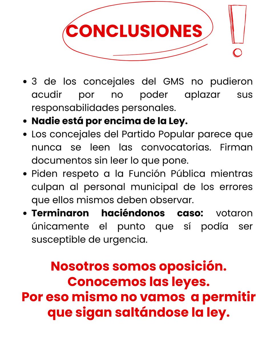 🔗 Comunicado del Grupo Municipal Socialista (GMS) para explicar lo que ocurrió el jueves 4 de diciembre en el Pleno extraordinario y urgente.

👉🏼 No vamos a permitir que el Partido Popular se considere por encima de las leyes.