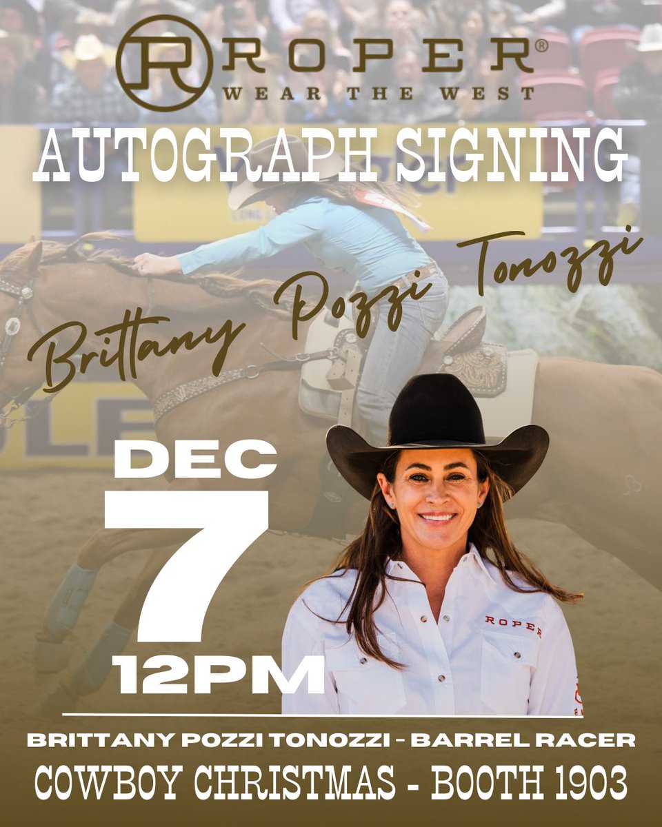 💫 One Hour Countdown!
Barrel racing legend Brittany Pozzi Tonozzi will be signing at 12:00 PM at Cowboy Christmas (Booth 1903)!
Come say hi and rep your Roper spirit!
#BarrelRacer #CowboyChristmas #RoperStyle