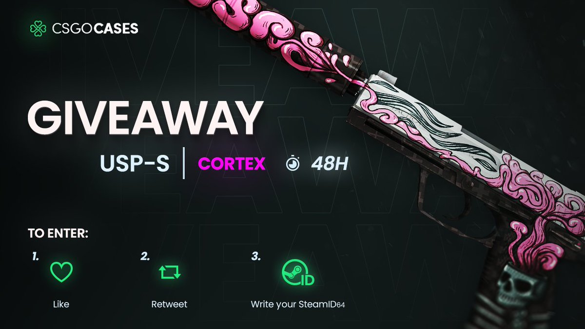 💥USP-S | Cortex (MW) GIVEAWAY💥

How to Enter: 
💗Like
🔁Retweet
✍️Write your SteamID64

🎁Winner will be announced after 48h⏰
