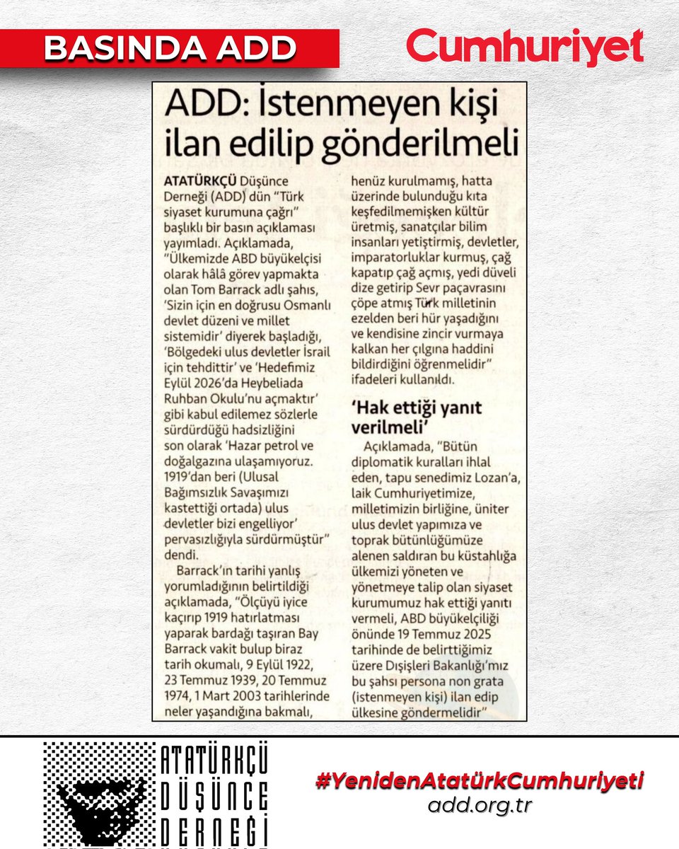 Kendini sömürge valisi sanan hadsiz ABD Ankara Büyükelçisi Tom Barrack'ın sınır dışı edilmesi gerektiği hakkında "Türk Siyaset Kurumuna Çağrı" başlıklı basın açıklamamız, Cumhuriyet gazetesinde.