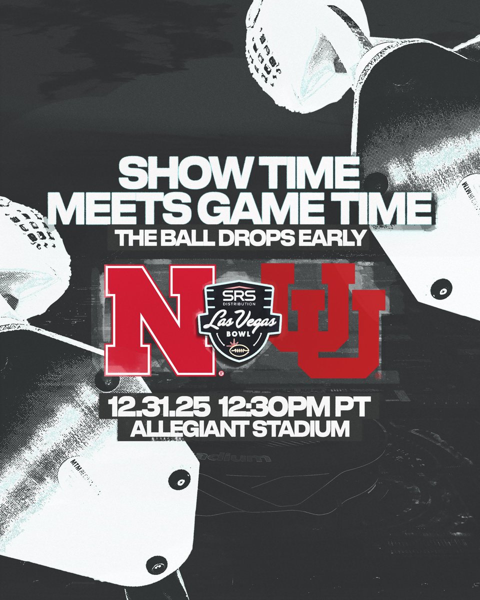 LasVegasBowl's tweet image. The Ball Drops Early this New Year’s Eve with @HuskerFootball &amp;amp; @Utah_Football at @AllegiantStadm. ￼🏈

🏈 2025 @SRSDistribution Las Vegas Bowl 
📆 December 31st, 2025 
⏰ 12:30 PM/PT 
📍 @AllegiantStadm 
🏆 @HuskerFootball vs. @Utah_Football