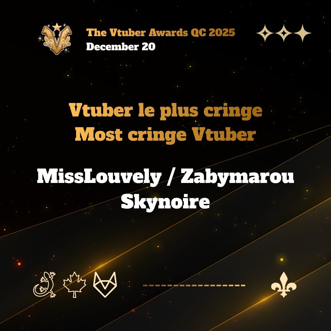 Mesdames et Messieurs! / Ladies and Gentlemen!  
Dans la catégorie Vtuber Cringe comme on les aimes les nominés sont:   
In the "Cringe Vtuber as we love them" category, the nominees are:
<a href="/MissLouvely/">MissLouvely (vtuber) l’experte des dating sim ;)</a> / <a href="/zabymarou/">Zabymarou - Cyber Fox Vtuber🦊🇨🇦</a> / <a href="/SkyaNoire/">Skya Noire 💀🖤 Vtuber</a>