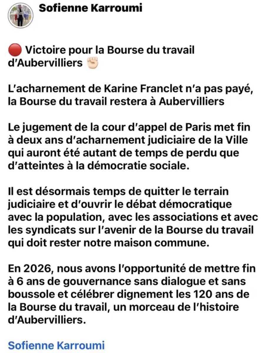 🔴 Victoire pour la Bourse du travail d’Aubervilliers ✊🏻

L’acharnement de Karine Franclet n’a pas payé, la Bourse du travail restera à Aubervilliers 

Le jugement de la cour d’appel de Paris met fin à deux ans d’acharnement judiciaire.

#aubervilliers