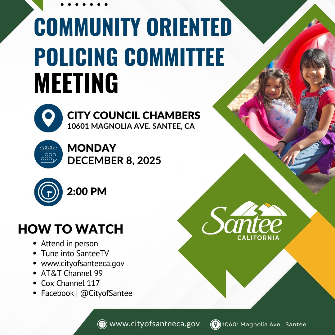 Tune into tomorrow's COMPOC meeting!
The meeting starts at 2pm in the Council Chambers at Santee City Hall 10601 Magnolia Ave, Santee.

Watch live on SanteeTV or our city's Facebook page.
View the agenda here: bit.ly/4iNPZTB

#CityofSantee #DoMoreDueEast #COMPOC