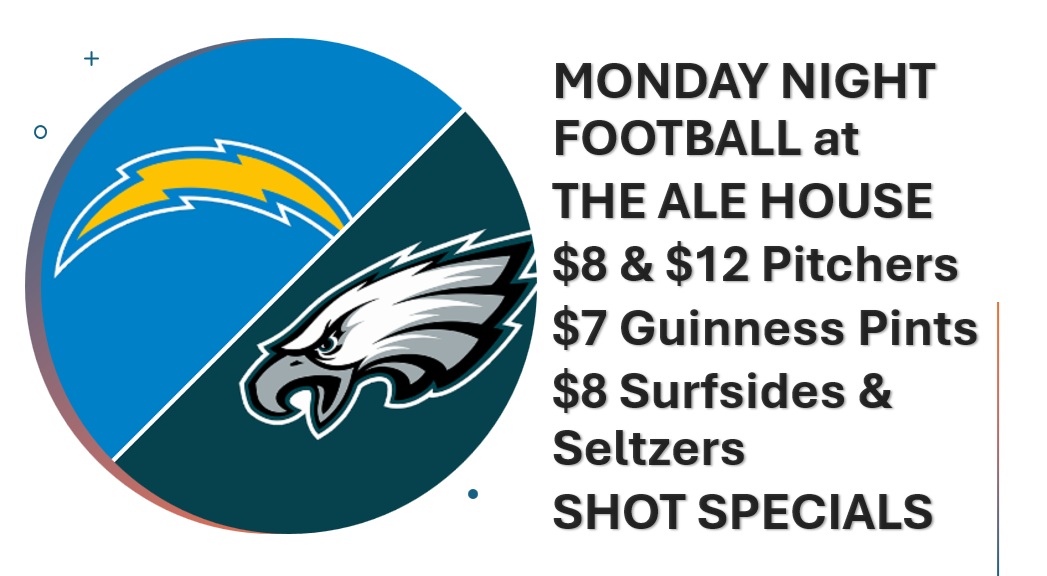 thealehouse1034's tweet image. SOUND UP for the Eagles vs Chargers at The Ale House MONDAY night! $7 Guinness Pints, $8 Personal Pitchers and more of the best deals in town! Bring your dog!

11th &amp;amp; Willow
#Hoboken 🍺🍷🍸🥃
#dogfriendly🐶 #freepool🎱 #shuffleboard🥏 #darts🎯 #popcorn🍿 #trivianight🤔
#MNF🏈