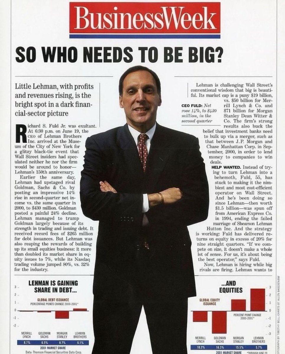 F_Compounders's tweet image. Dick Fuld , Lehman’s former CEO, on the cover of BusinessWeek in 2001 

If only they knew

Source : financegoldenera