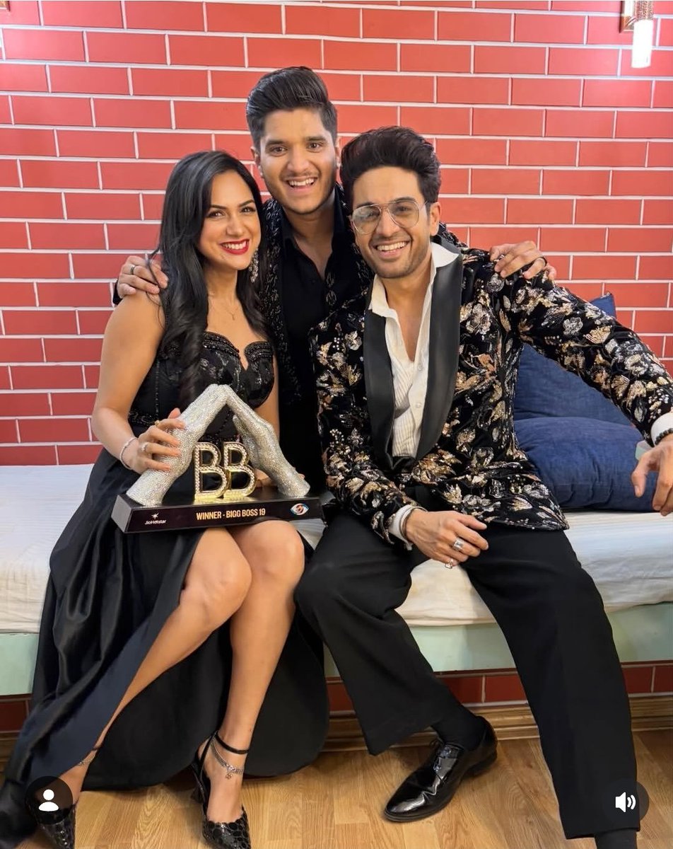 BiggBoss_Tak's tweet photo. Winner of Bigg Boss 19, Gaurav Khanna posing with his wife and his chota bhai Mridul Tiwari, pure happiness, pure pride! 🏆 https://t.co/3wwvz2DFht
