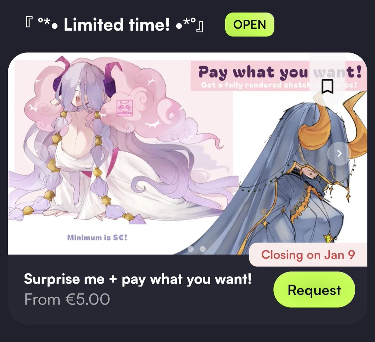 SPECIAL SURPRISE ME COMM FOR THE HOLIDAYS! 🎉

Get yourself a FULLY RENDERED SKETCH of your oc, your oshi or your comfort character starting at...5€?! (⁠ʘ⁠ᗩ⁠ʘ⁠’⁠) Get yours now!

Link below ⤵️ - ❤️+🔁 Are appreciated!

#VGenComm #artmoots