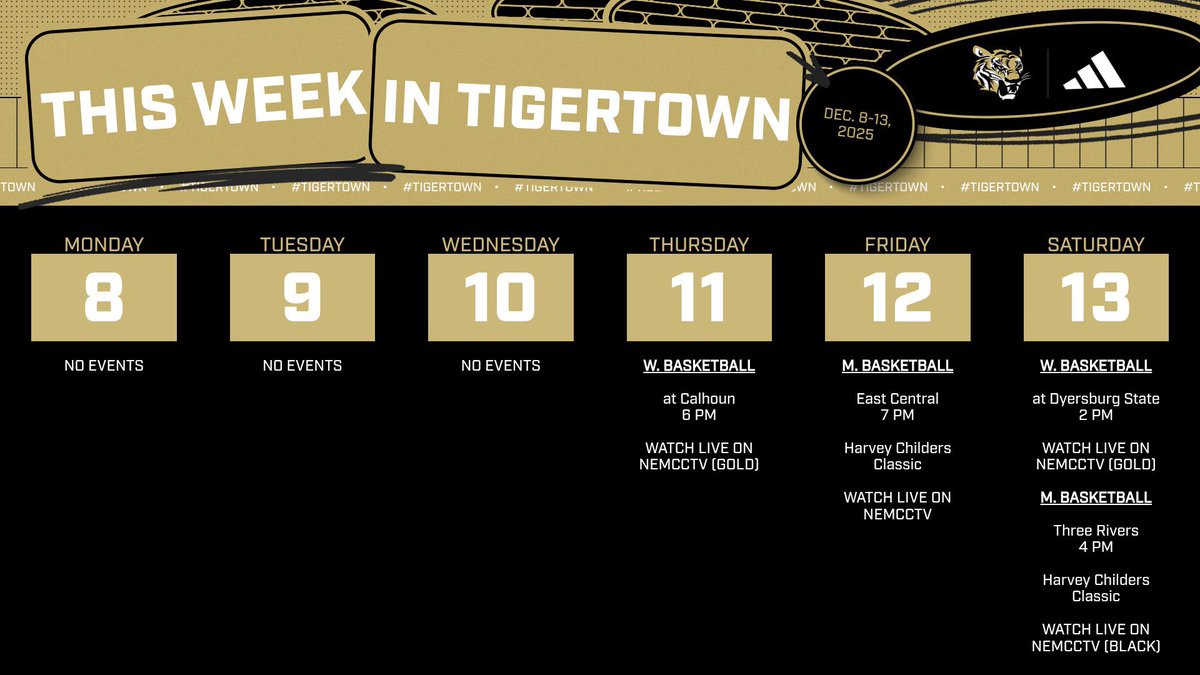 ATH | Good luck on your 𝓯𝓲𝓷𝓪𝓵𝓼 this week, Tigers!!

We’ll pick up with more 🏀 action on Thursday once finals are done. The highlight of the week is the 3rd annual Harvey Childers Classic with 4️⃣ games in the BAC this weekend!

📅 bit.ly/NECompSchedule
🐯 #TigerTown