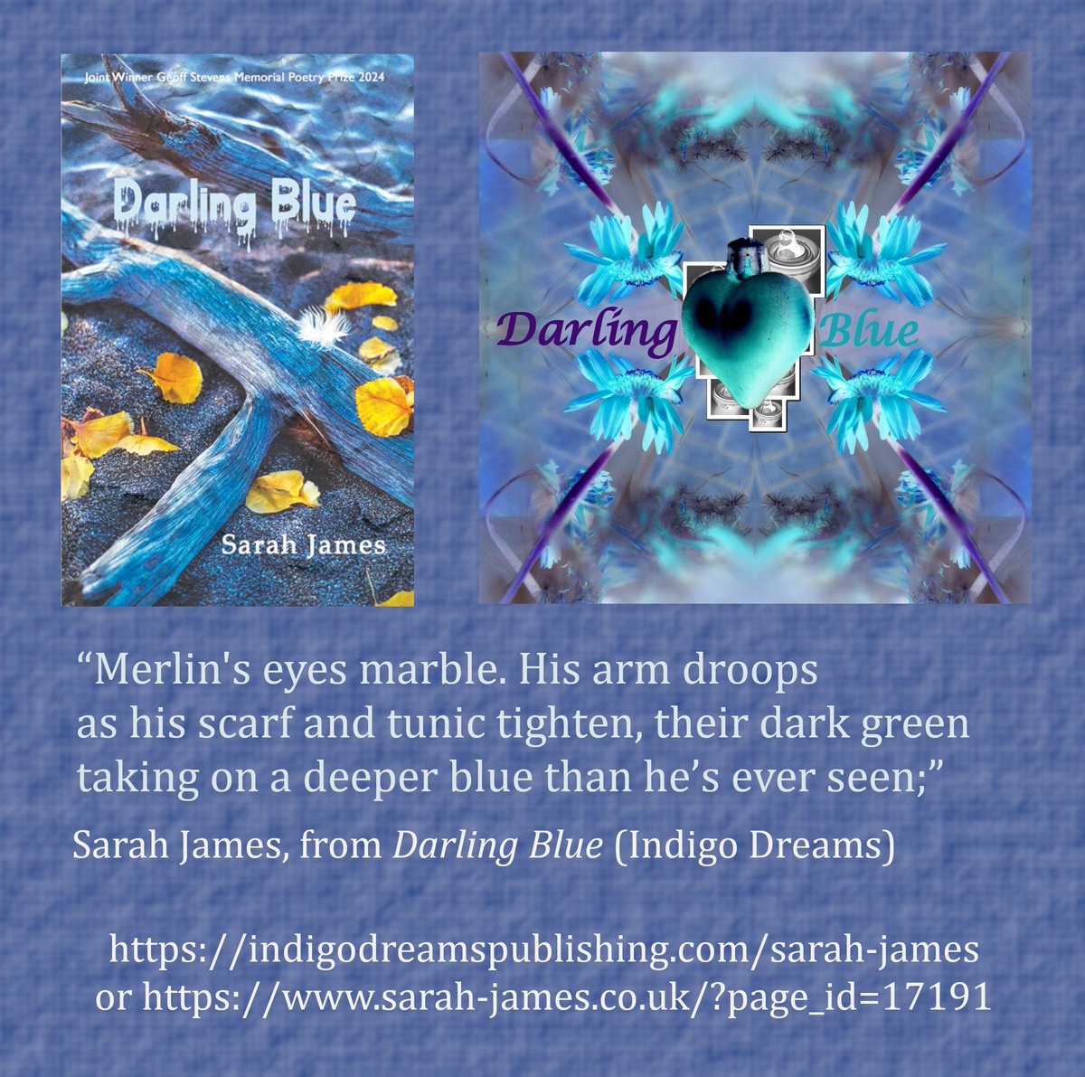 Sarah_James's tweet photo. “Merlin's eyes marble. His arm droops 
as his scarf and tunic tighten, their dark green 
taking on a deeper blue than he’s ever seen;”
Sarah James, from Darling Blue (Indigo Dreams)
IDP: https://t.co/UHUAah7Vw4
Or https://t.co/VHQYvtIwcQ
Art: https://t.co/xRu8X1xcin https://t.co/qvKGNPWx8R
