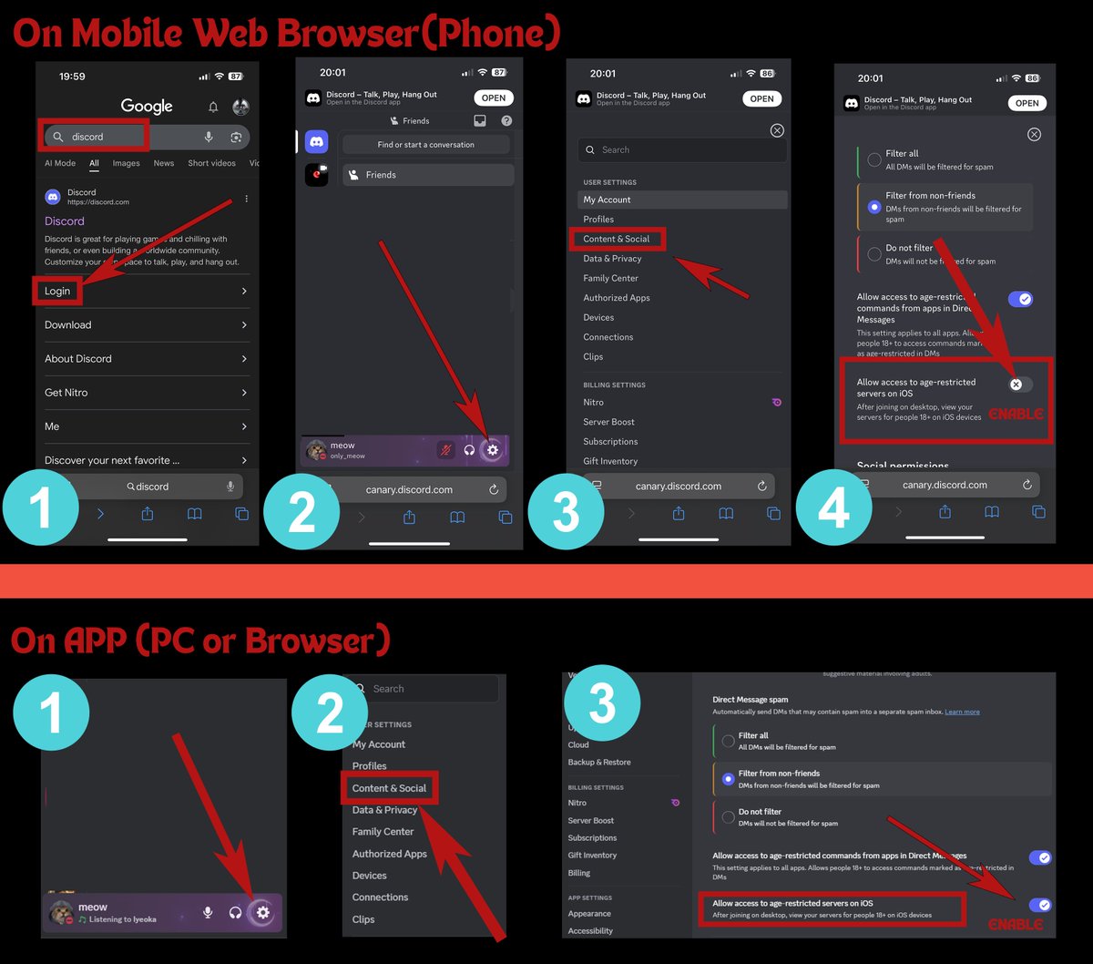 Discord_Edating's tweet image. iOS Requirements for joining our server:
User Settings - Content &amp;amp; Social - Toggle ON [allow access to iOS]