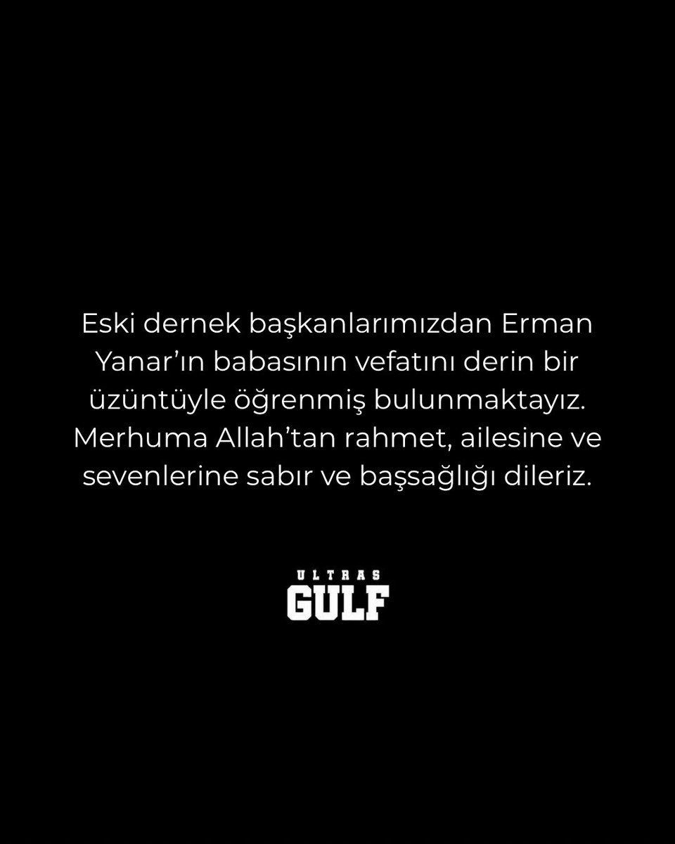 Eski dernek başkanlarımızdan Erman Yanar’ın babasının vefatını derin bir üzüntüyle öğrenmiş bulunmaktayız.
Merhuma Allah’tan rahmet, ailesine ve sevenlerine sabır ve başsağlığı dileriz.