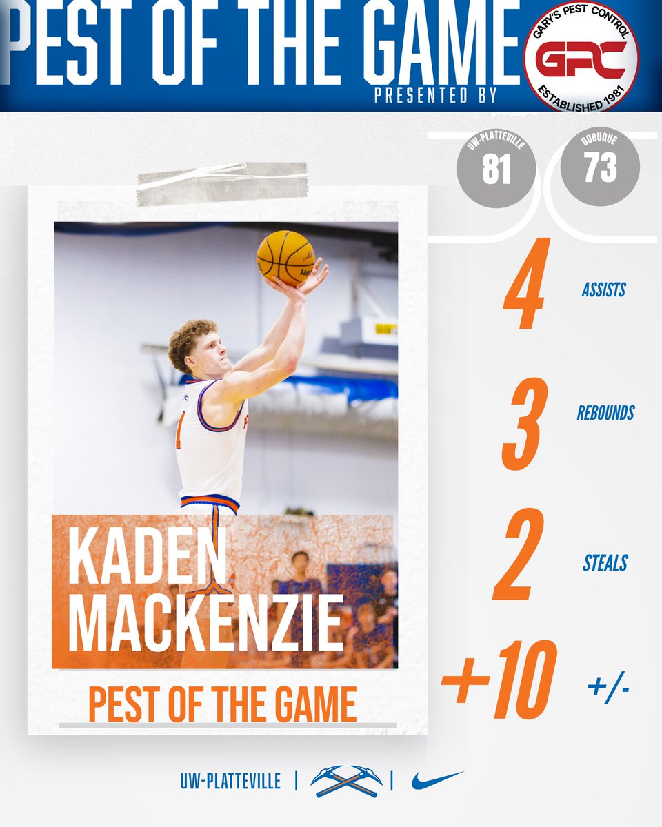 UWPlattMBB's tweet photo. Gary’s Pest Control “Pest of the Game” against Dubuque presents Kaden MacKenzie. #bugginyou https://t.co/r4GKS1TKQ9