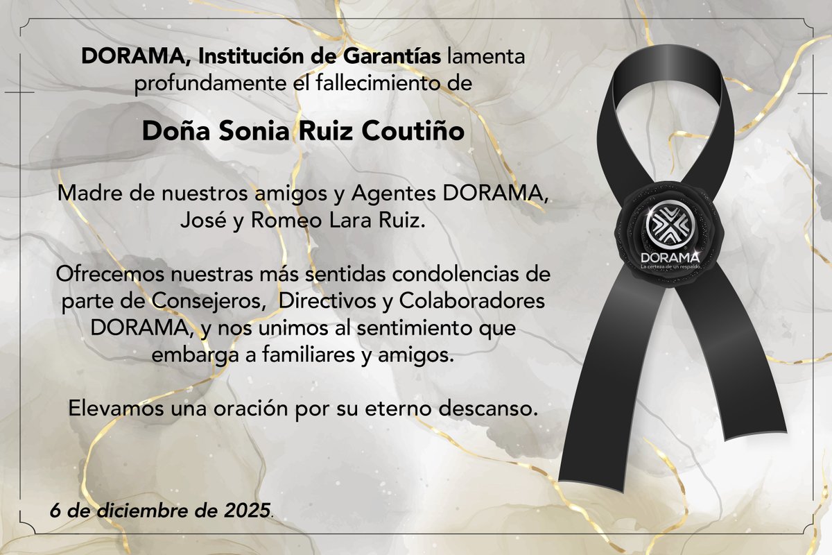dorama_garantias
Con profundo pesar, en @dorama_garantias expresamos nuestras más sinceras #condolencias a nuestros amigos y #AgentesDORAMA José y Romeo Lara Ruiz y a su familia por el sensible fallecimiento de su señora madre, Doña Sonia Ruiz Coutiño. #DORAMAContigo #QEPD
