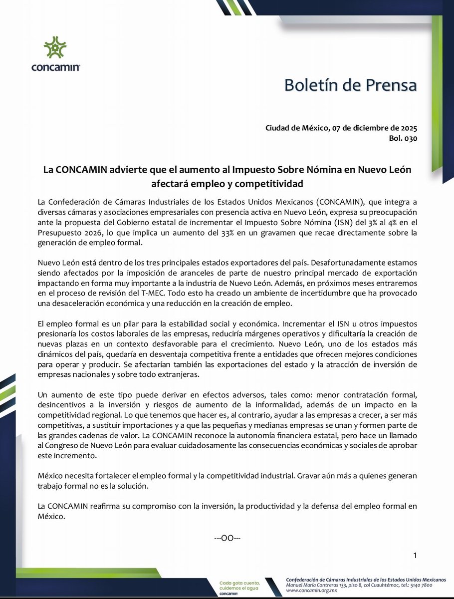 La #CONCAMIN advierte que el aumento al Impuesto Sobre Nómina en Nuevo León afectará #empleo y #competitividad

La Confederación de Cámaras Industriales de los Estados Unidos Mexicanos (CONCAMIN), que integra a diversas cámaras y asociaciones empresariales con presencia activa en