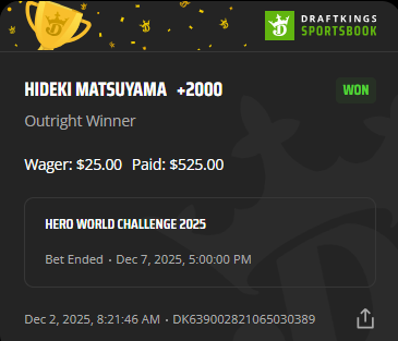 ⛳️ Hideki Matsuyama (+2000) ✅ #HeroWorldChallenge 

+10u 💰

Was nice not to get another runner-up today!
