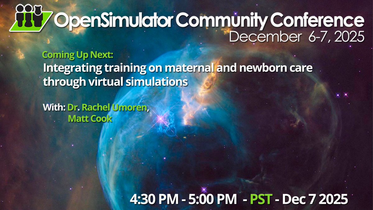 Now @ #OSCC25
Integrating training on maternal and newborn care through virtual simulations
By: Rachel Umoren

Schedule: conference.opensimulator.org/schedule/

Hypergrid Address:  cc.opensimulator.org:8002
Or watch live: youtube.com/c/AvaconOrg/li…
#Metaverse #opensource