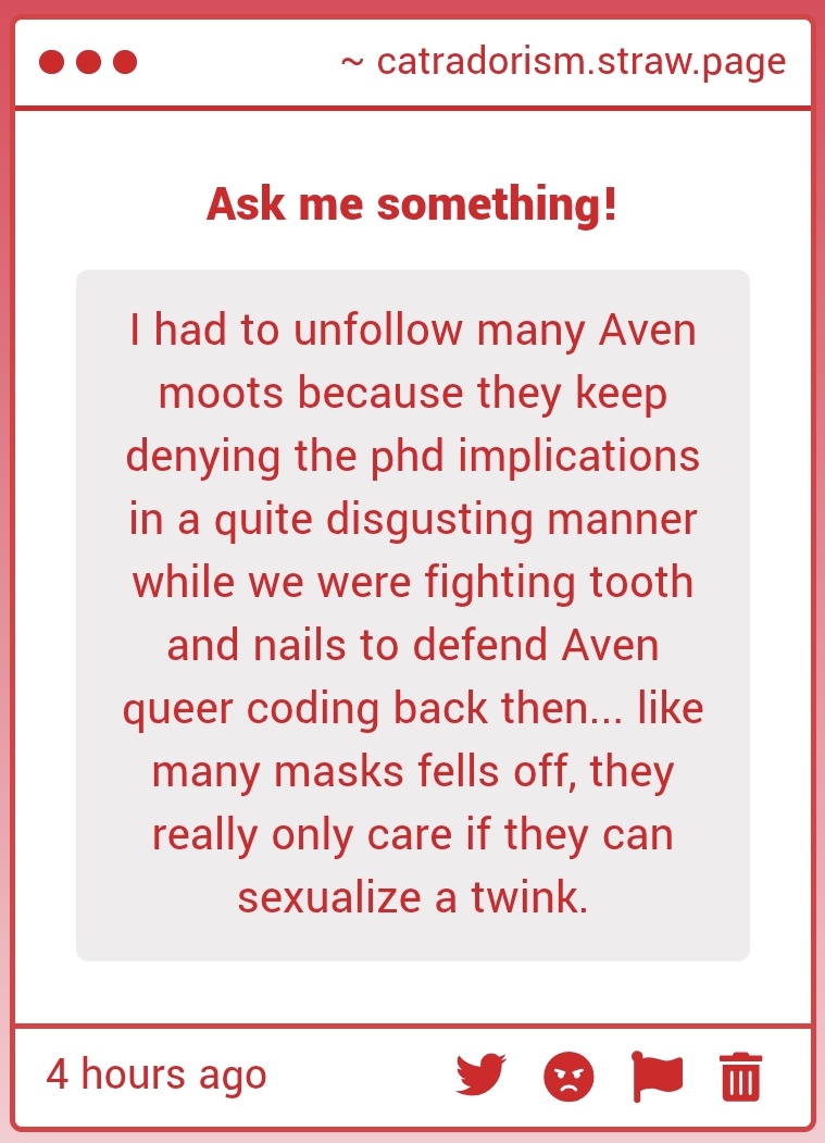 yeah i really don't like how some people pick and choose which queer implications to support and which to use homophobic rhetoric against depending only if it fits their taste or not when the simple thing to do is to just say they don't like the ship...