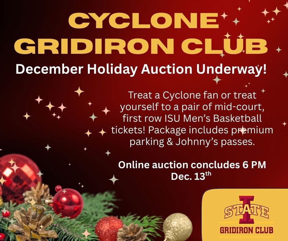 CycloneGridiron's tweet image. Cyclone fans! Christmas is rapidly approaching, we have a fantastic gift idea available on our Cyclone Gridiron Club December Auction!

Place the winning bid for two center court seats for the Dec. 29th ISU vs Houston Christian men's basketball game. This package also includes a…