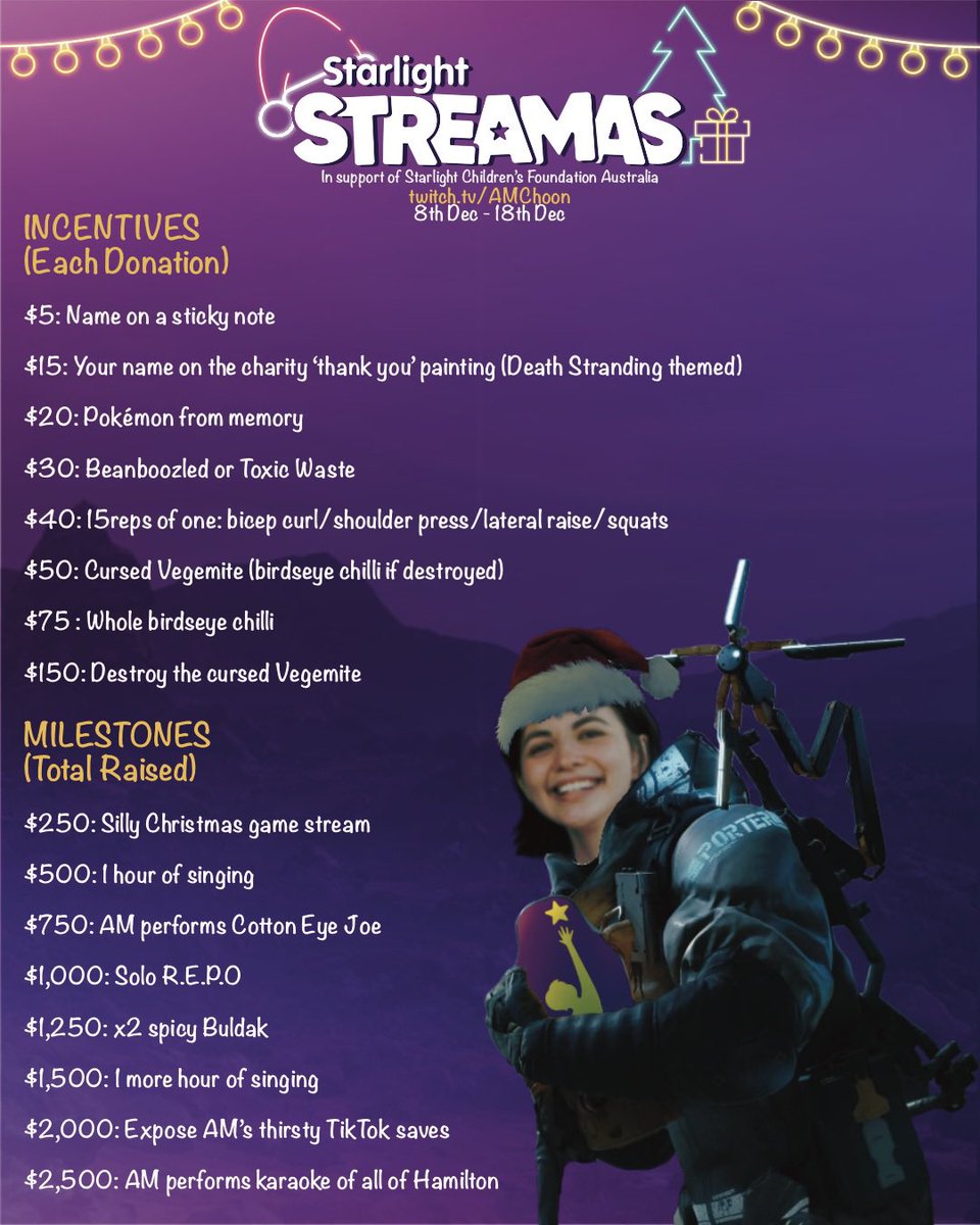 AMChoonTweets's tweet image. From 8th to 18th December, we will be fundraising in support of Starlight Children’s Foundation Australia as a part of their Streamas campaign!
Stop by, enjoy some first time Death Stranding, and support the cause (if you would like)!
Campaign: tilt.fyi/jYrqYObjh9