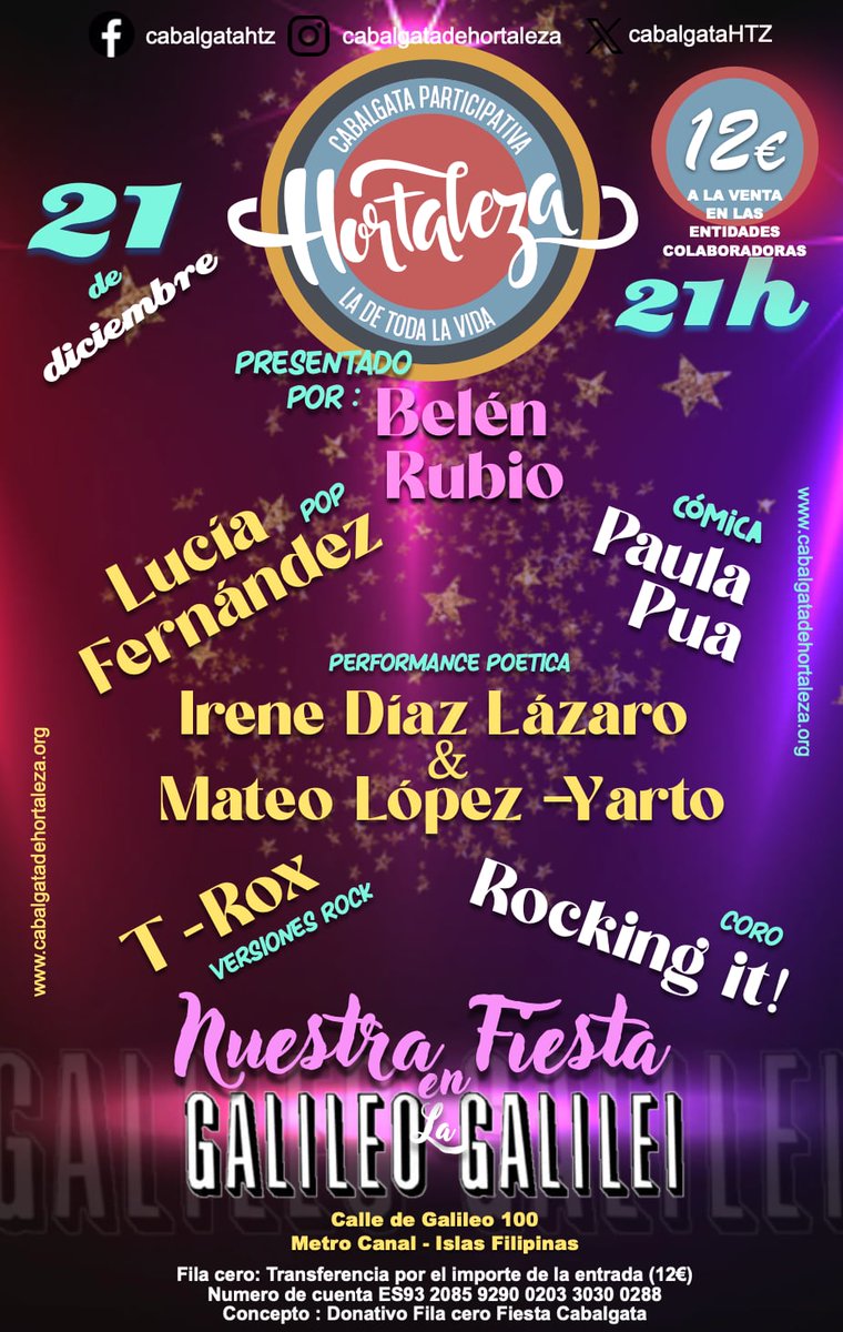 <a href="/KultureMarket/">Kulture Market</a> <a href="/AMPAEIElCarmen/">AMPA EI El Carmen</a> <a href="/AmpaIESAS/">AMPA IES Arturo Soria</a> <a href="/AmpaElAncla/">Ampa El Ancla</a> <a href="/IESArturoSoria/">IES ARTURO SORIA DE MADRID</a> <a href="/SenecaAmpa/">AMPA FILÓSOFO SÉNECA</a> <a href="/ScoutPinar/">GS Pinar </a> <a href="/HuertoManoteras/">HuertoManoteras</a> <a href="/nochesdelhuerto/">Lasnochesdelhuerto</a> <a href="/HortalezaPV/">Hortaleza Periódico</a> <a href="/Radio_Enlace/">Radio Enlace</a> Y no olvidamos el #EncuentrodeIlusion más famoso y entrañable del distrito, la #CabalgataParticipativadeHortaleza
LA DE TODA LA VIDA
con más de 50 años y mas de 30 entidades participantes, con su concurso de carteles y la cotidiana #FiestadeCabalgata en la <a href="/salagalileo/">Sala Galileo Galilei</a>
Os venís⁉️