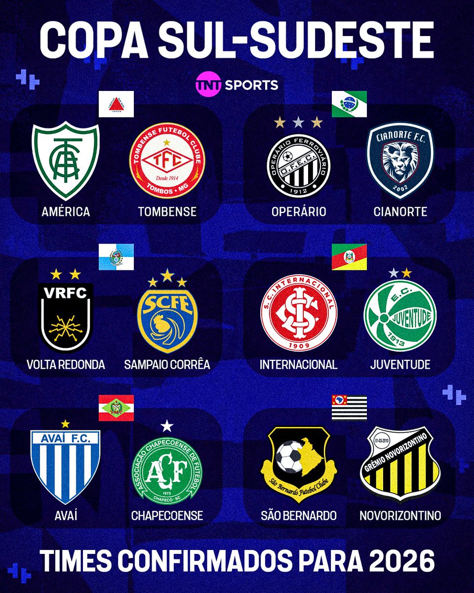 TNTSportsBR's tweet photo. OS 12 CLUBES CLASSIFICADOS PARA A COPA SUL-SUDESTE DE 2026! ✅🇧🇷 A nova competição da CBF tem dois representantes de cada um dos estados, com exceção do Espírito Santo que jogará a Copa Centro-Oeste. As equipes garantidas em competições Conmebol não disputarão o torneio regional. #BrasileirãoBetano #FutebolBrasileiro #PósJogo