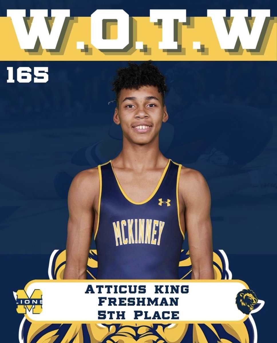 MHSLionsWrest's tweet photo. Atticus King took 5th this weekend at his first varsity tournament. The Rumble at the Rock is no joke, and he stacked up 6 pins in just 2 days. Big things coming for this kid. 👑🤼‍♂️🔥
#GRIT 
#LIVEGOLD 
#GOLDSTANDARD https://t.co/v3rhIxLQJA