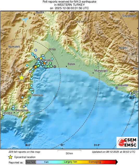 #Earthquake 28 km NW of #Tekirova (#Turkey) 21 min ago (local time 03:31:56). Updated map - Colored dots represent local shaking &amp; damage level reported by eyewitnesses. Share your experience via:
📱m.emsc.eu/#app
🌐m.emsc.eu/?id=1910832