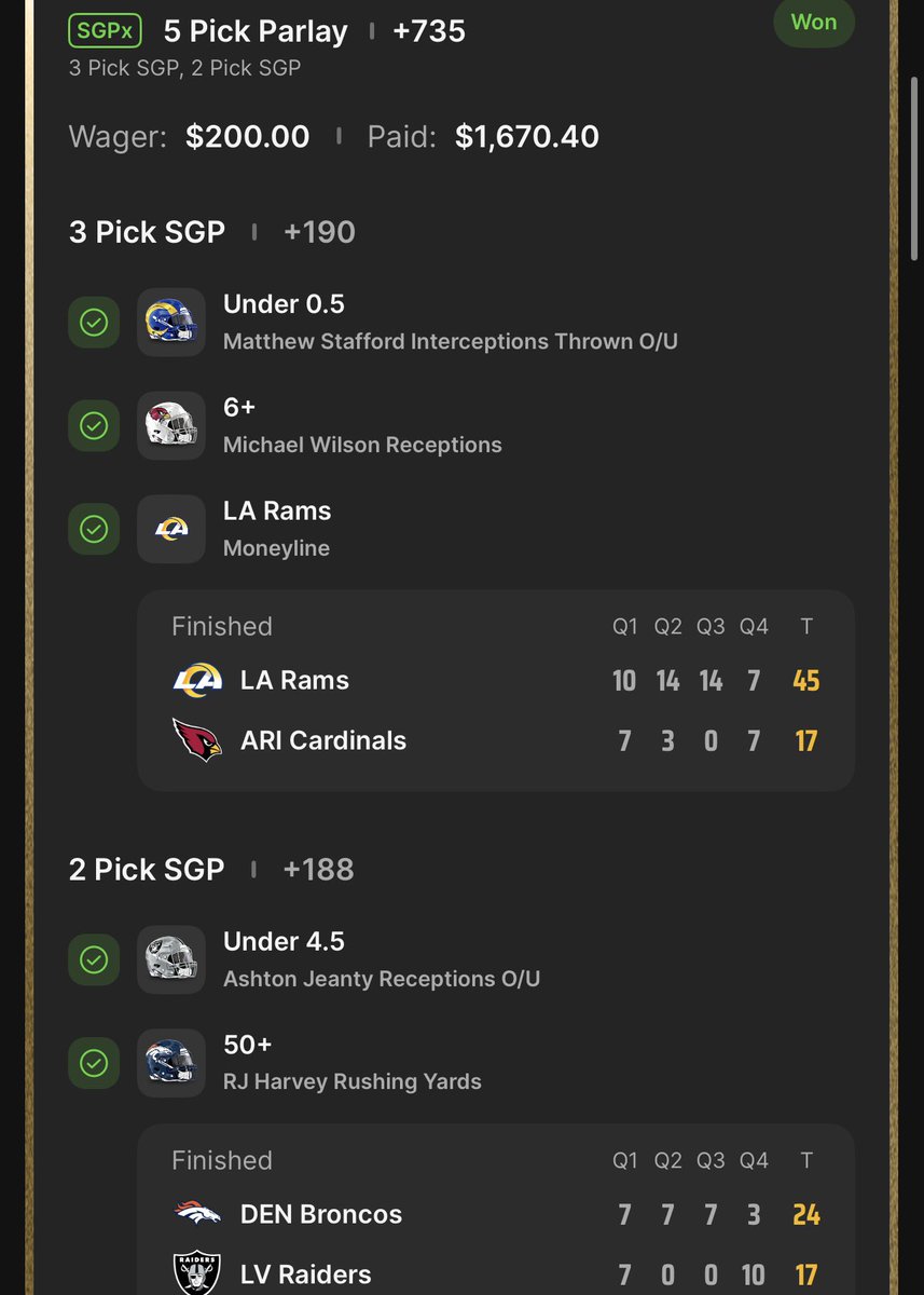 Asianlocks2Mr's tweet image. Rough morning but afternoon recovery 🧹💰

1U Matthew Stafford U0.5 interception -130✅

1U Michael Wilson O5.5 receptions -135✅

1U Ashton Jeanty U4.5 receptions -128✅

1U RJ Harvey 50+ rush yards -133✅

+105 builder ✅

+735✅