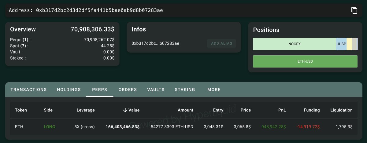 Hyperliquid dashboard showing 1011short's 5x long ETH position valued at $166M with key metrics
