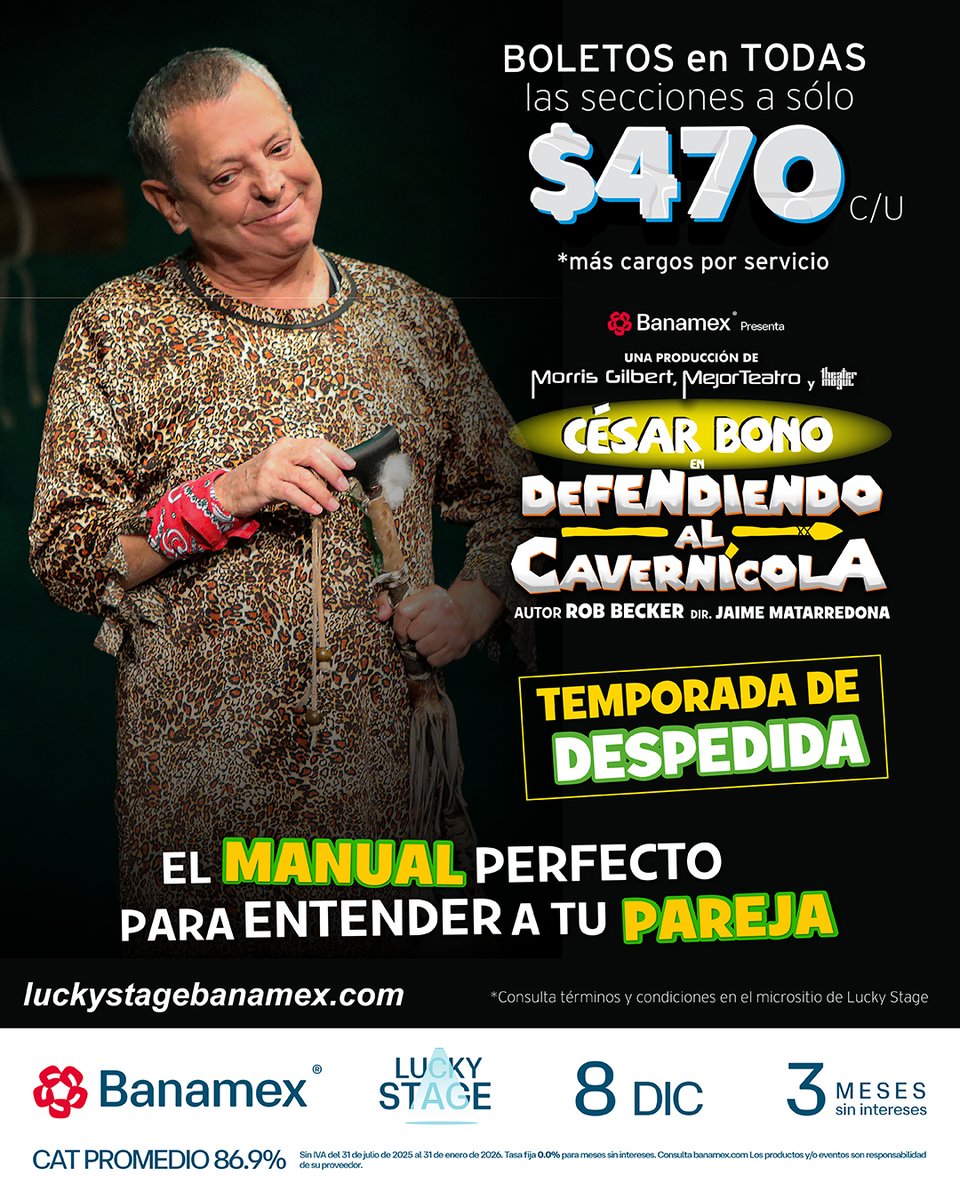 Olvídete de las discusiones con tu pareja aprovechando los beneficios exclusivos que <a href="/banamex/">Banamex</a> tiene para que disfrutes de #DefendiendoAlCavernícola 🔥.

🍀 Lunes de #LuckyStage
🤍 #ExperienciasBanamex
✅ Boletos a $470.00 c/u
🎟️ bit.ly/LuckyStageDACL…