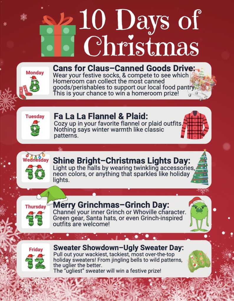 We start our Christmas countdown tomorrow with our food drive.  Bring canned goods all week this week and next week to earn points for your homeroom.  Please participate in as many days as you can to earn points for your homeroom.  Let's bring the Christmas cheer to KMHS!