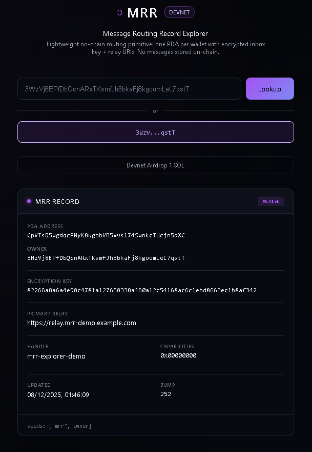 _R3KT__'s tweet photo. Wallets know where to send money, but not where to send messages.

I’ve been experimenting with an on-chain Message Routing Record (MRR) for Solana – 1 PDA per wallet with inbox key + relay URIs, no messages stored on-chain.

MRR Devnet Explorer (connect wallet, airdrop 1 SOL, init demo MRR):
🔗 https://t.co/fZx9N0iVYt

Unaudited / experimental – wallets & messaging teams, would love your feedback.

#Solana