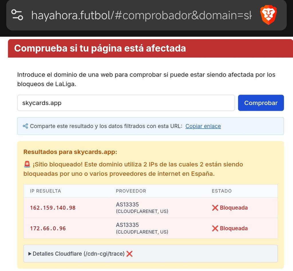Hi <a href="/flightradar24/">Flightradar24</a>, fyk: skycards.app is being illegally blocked in Spain by <a href="/LaLiga/">LALIGA</a> <a href="/Tebasjavier/">Javier Tebas Medrano</a> and the ISPs <a href="/movistar_es/">Movistar España</a> <a href="/digimobil_es/">DIGI España</a> <a href="/vodafone_es/">Vodafone España</a> <a href="/orange_es/">Orange España</a> <a href="/masmovil/">MASMOVIL</a> during the football matches because they block the <a href="/Cloudflare/">Cloudflare</a> IPs. 
#laligagate