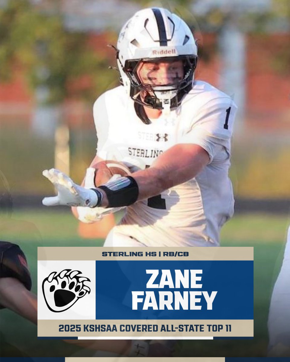 KSHSAA's tweet photo. All-State Top 11 Selection

Sterling's Zane Farney

6-foot, 185 pounds, Running back/Cornerback

Key stat: 2,326 yards, 42 TDs

Fun fact: Led Sterling to first state championship since 1982

https://t.co/bF6NNKWQp9 https://t.co/Pe2jx9hdHw