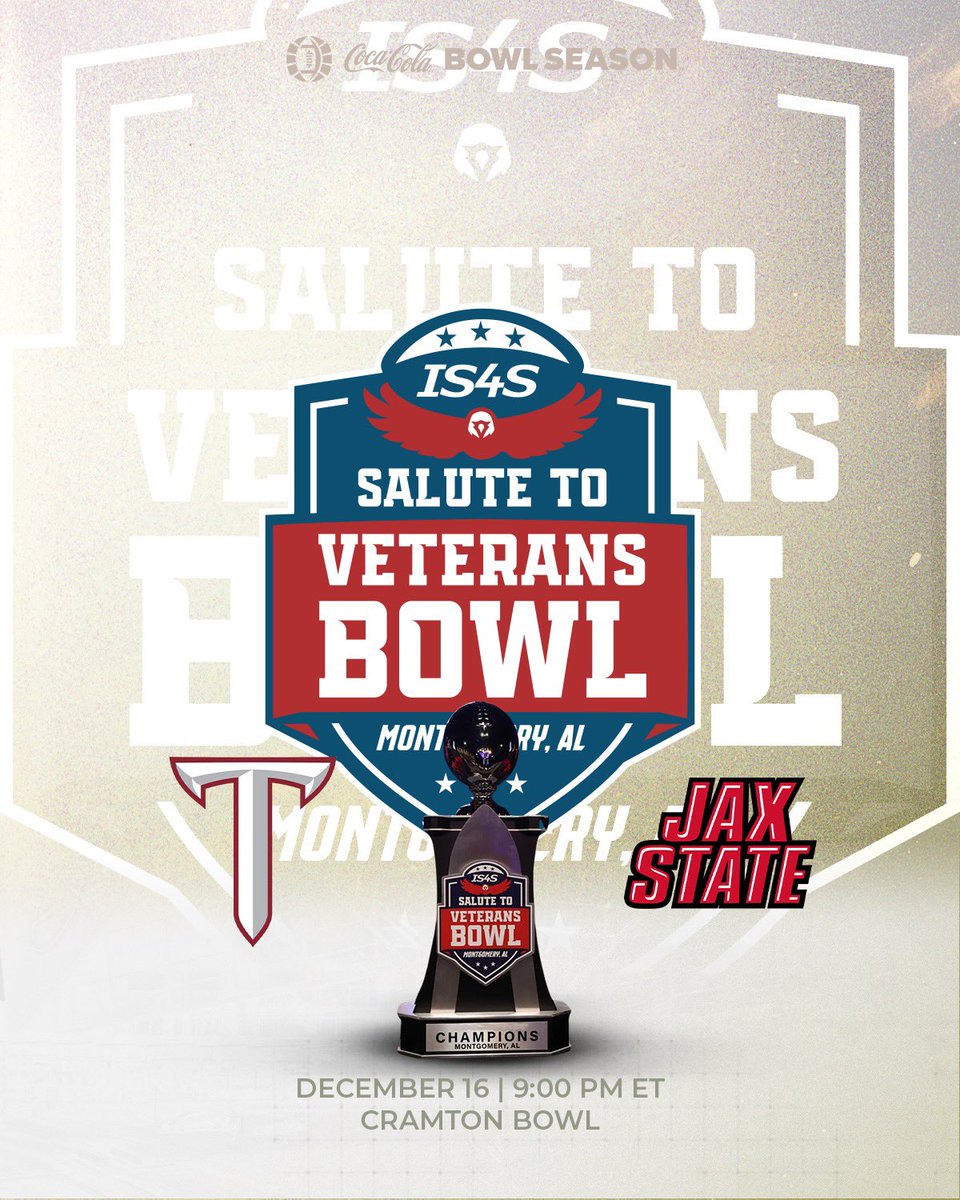 BowlSeason's tweet photo. BOWL SEASON IS HERE 🔔 🏈 @TroyTrojansFB will face @JaxStateFB in the @Salute2VetsBowl !

#BowlSeason #CFB #CollegeFootball https://t.co/2JrWtZoWuw