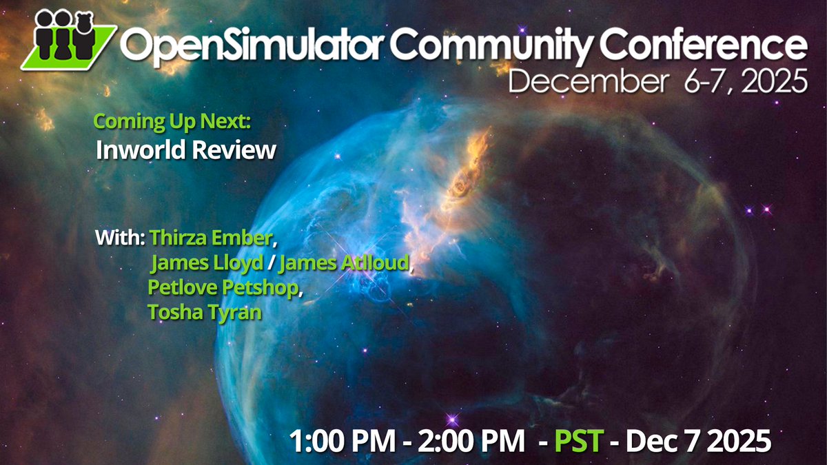 opensimcc's tweet image. Starting in 5 minutes @ #OSCC25
Inworld Review tribute to Mal Burns
By: James Atlloud &amp;amp; Friends

Schedule: conference.opensimulator.org/schedule/

Hypergrid Address:  cc.opensimulator.org:8002
Or watch live: youtube.com/c/AvaconOrg/li…
#Metaverse #opensource