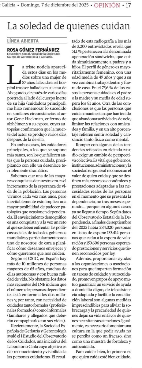 JuanCVezVazquez's tweet image. Cuidar de los que cuidan. Algunos de nosotros ya estamos en edad de cuidar de nuestros padres, una realidad que la ley de dependencia no alcanza por la lentitud en la respuesta de las autoridades y la falta de recursos.

#dependencia #cuidados 
@Xunta @SanidadeXunta