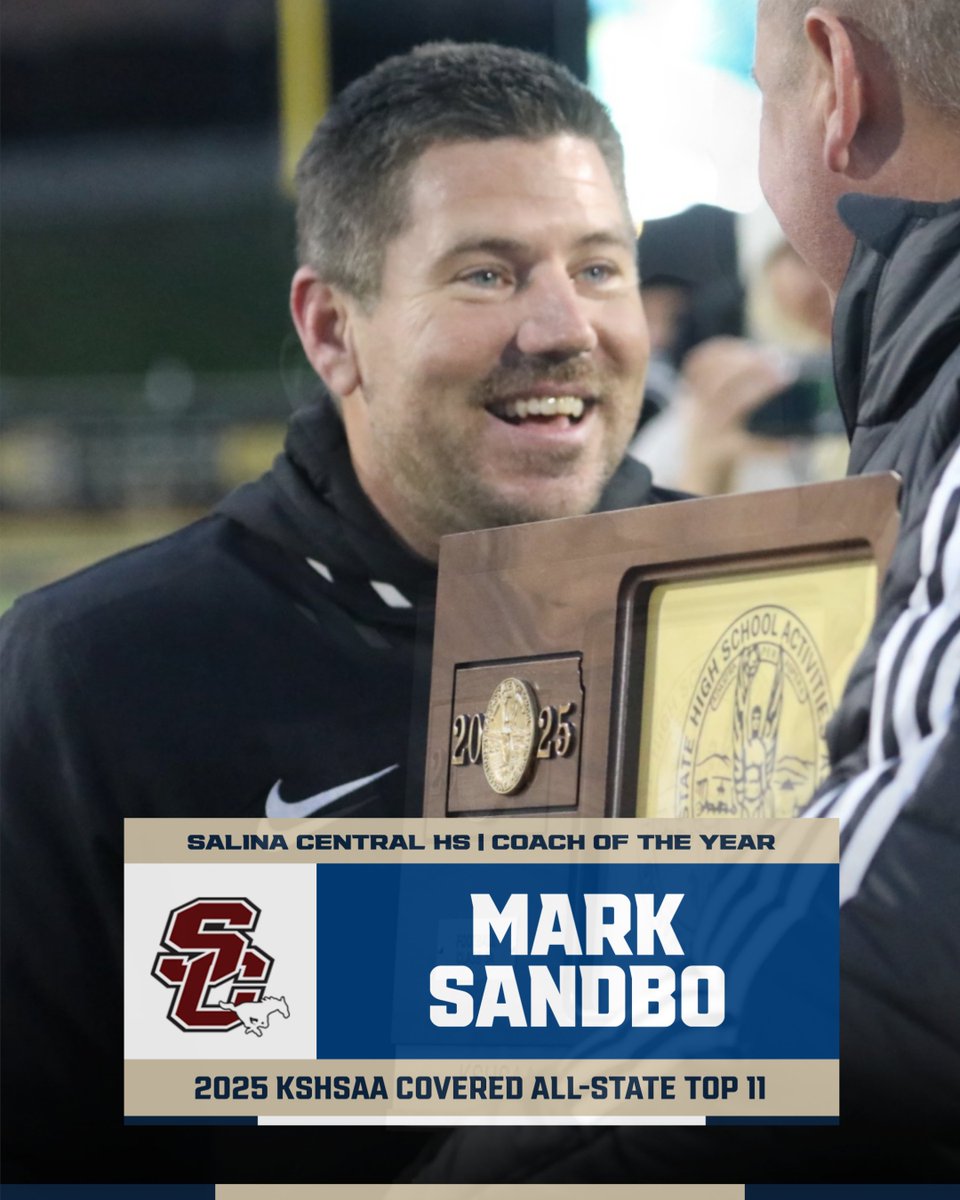 KSHSAA's tweet photo. All-State Coach of the year

Salina Central's Mark Sandbo

Key stat: Led Salina Central to first state title since 2005

Fun fact: Late father, Gary, also won state title as head coach at Smoky Valley, making Sandbos one of three father-son combos to win titles as head coaches

https://t.co/Ptl7nzyAgJ