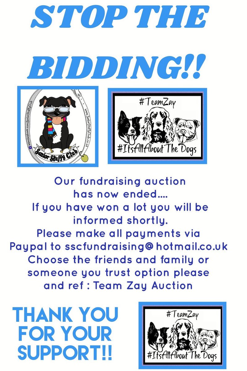 STOP THE BIDDING
The #TeamZay <a href="/SeniorStaffy/">Senior Staffy Club Dog Rescue</a> auction has ended 
I will tweet winning bidders shortly 
Thank you everyone for your support and Happy Christmas 
🐾🎄🐾🎄🐾🎄🐾🎄🐾🎄🐾🎄🐾🎄🐾🎄🐾🎄🐾🎄🐾
